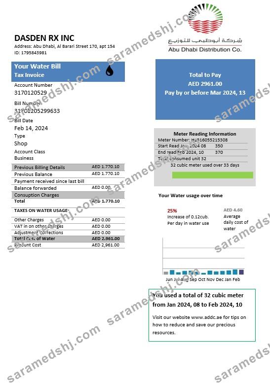 United Arab Emirates Abu Dhabi Distribution water business utility bill template in Word and PDF formats